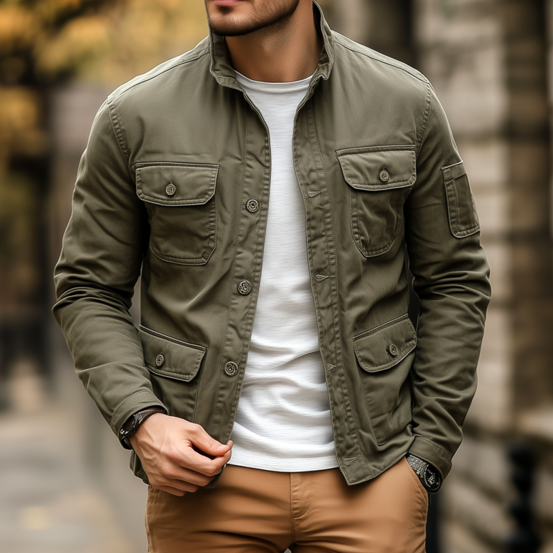 Men's Casual Outdoor Solid Color Breathable Cotton Washed Stand Collar Multi-pocket Workwear Jacket MTA2505G9M