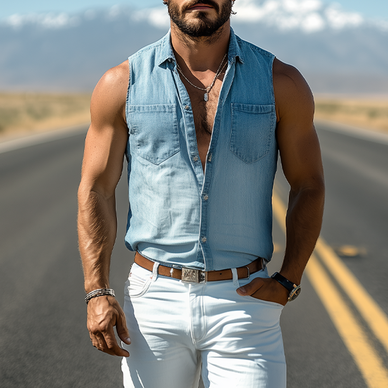 Men's Spring And Summer Fashionable Casual Western Cowboy Style Washed Tencel Denim Sleeveless Shirt MTA0714E7K