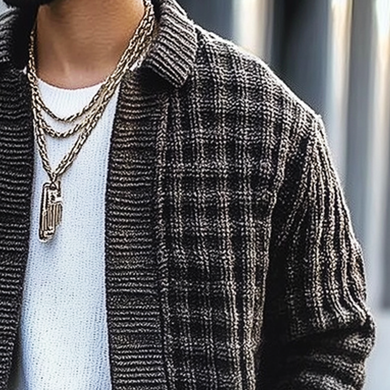 Men's Autumn And Winter Dark Gray Textured Lapel Knitted Cardigan MTA1123H6U