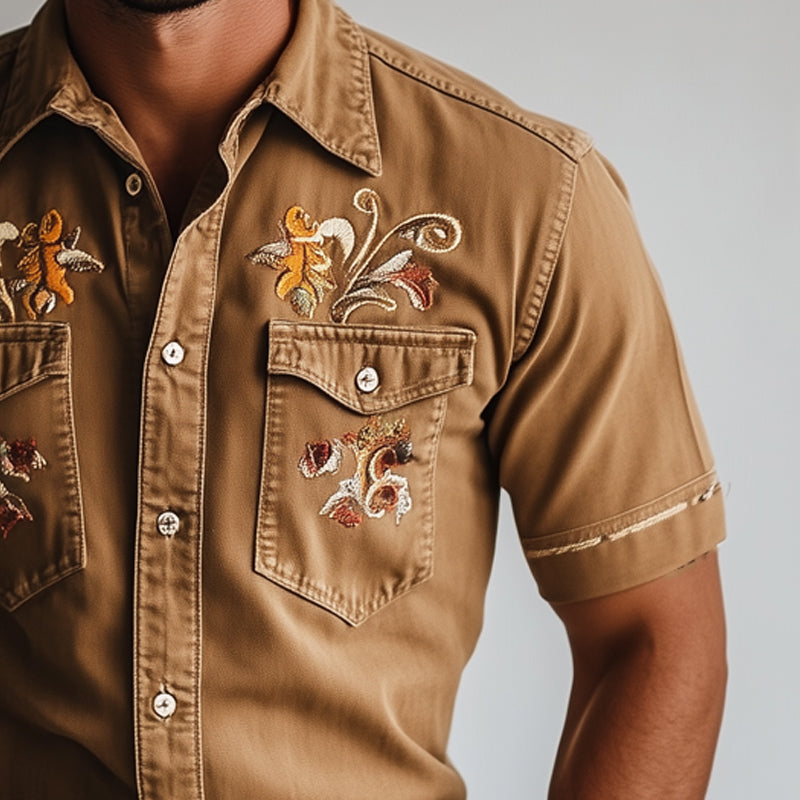 Men's Western Cowboy Style Vintage Embroidered Denim Short Sleeve Shirt MTA0967E6U