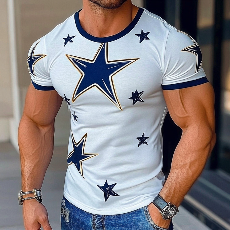 Men's Star Printed Round Neck Short Sleeve Cotton Blend T-Shirt MTA2424G7X