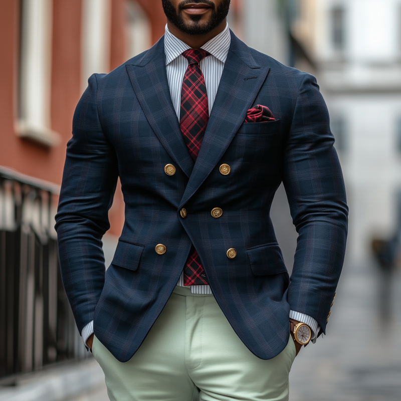 Men's Vintage Cotton Blend Plaid Peaked Lapel Double-Breasted Slim-Fit Blazer MTA1445H6M