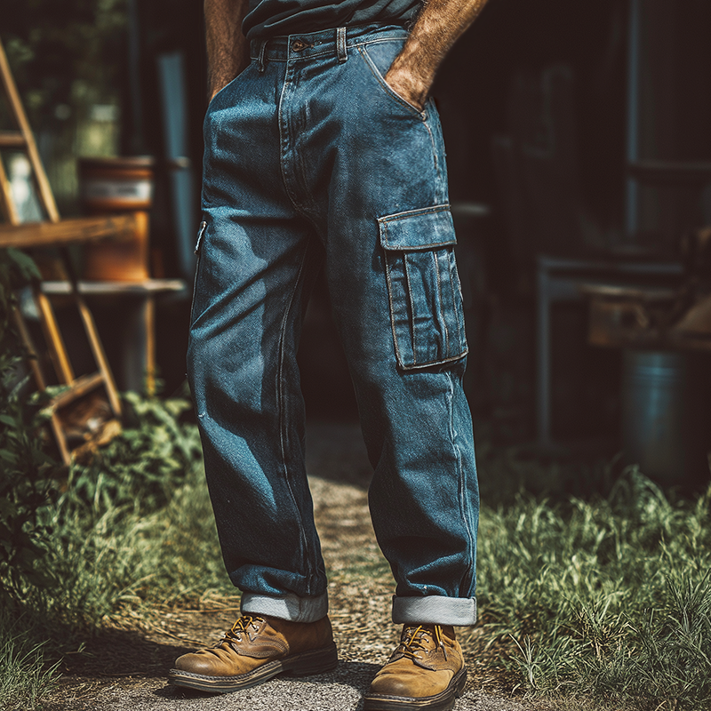 Men's Retro Casual Washed Distressed Denim Outdoor Durable Cargo Pants MTA3186G1TO
