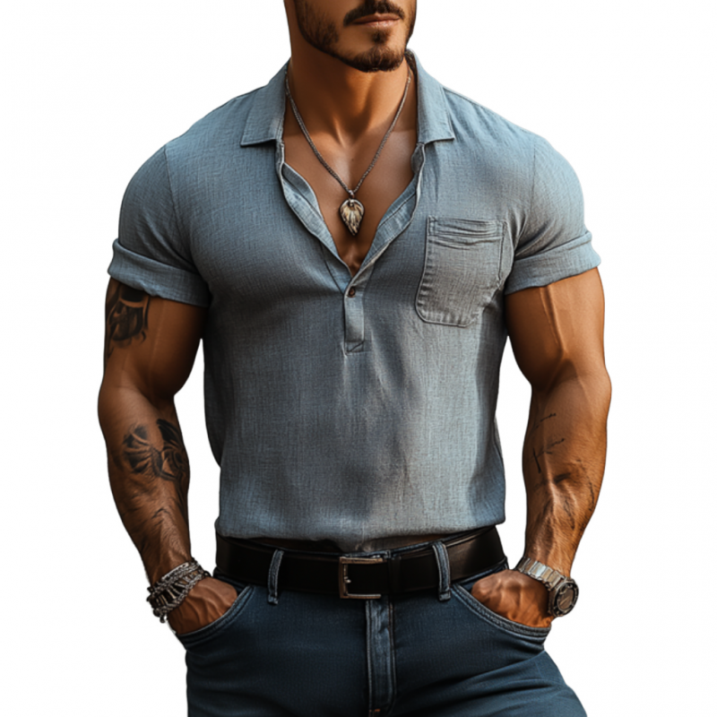 Men's Casual Breathable Cotton Linen Lapel Patch Pocket Slim Fit Short Sleeve Polo Shirt MTA1697E4M