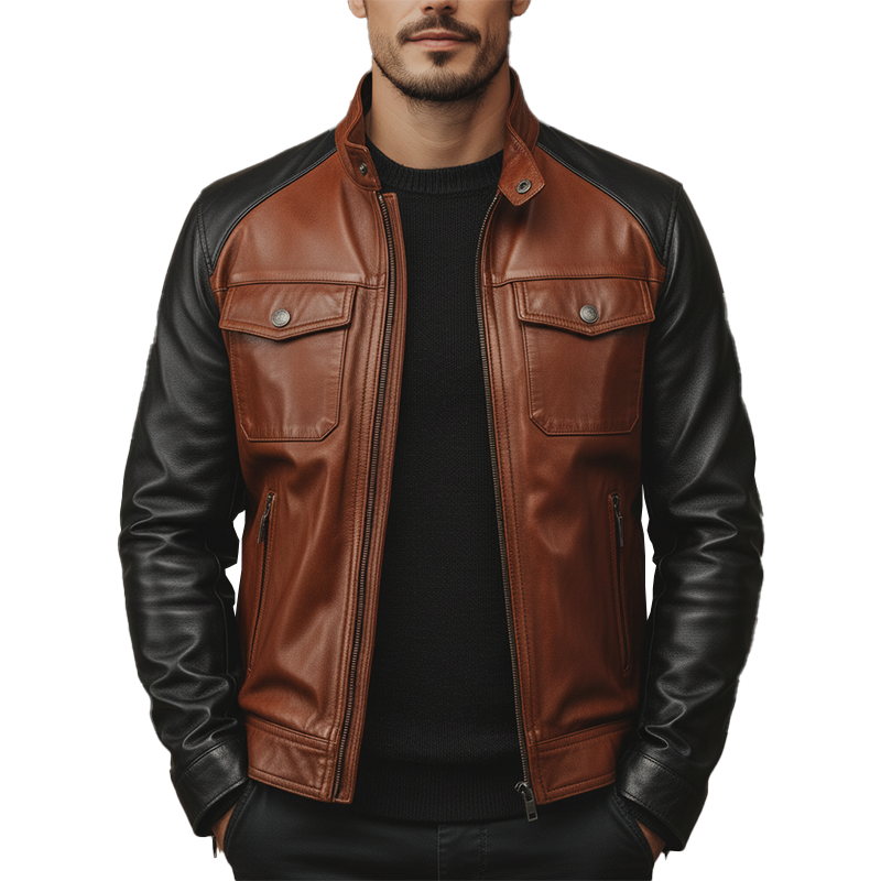 Men's Winter Retro Contrast Color Stitching PU Faux Leather Jacket MTA2342J8P