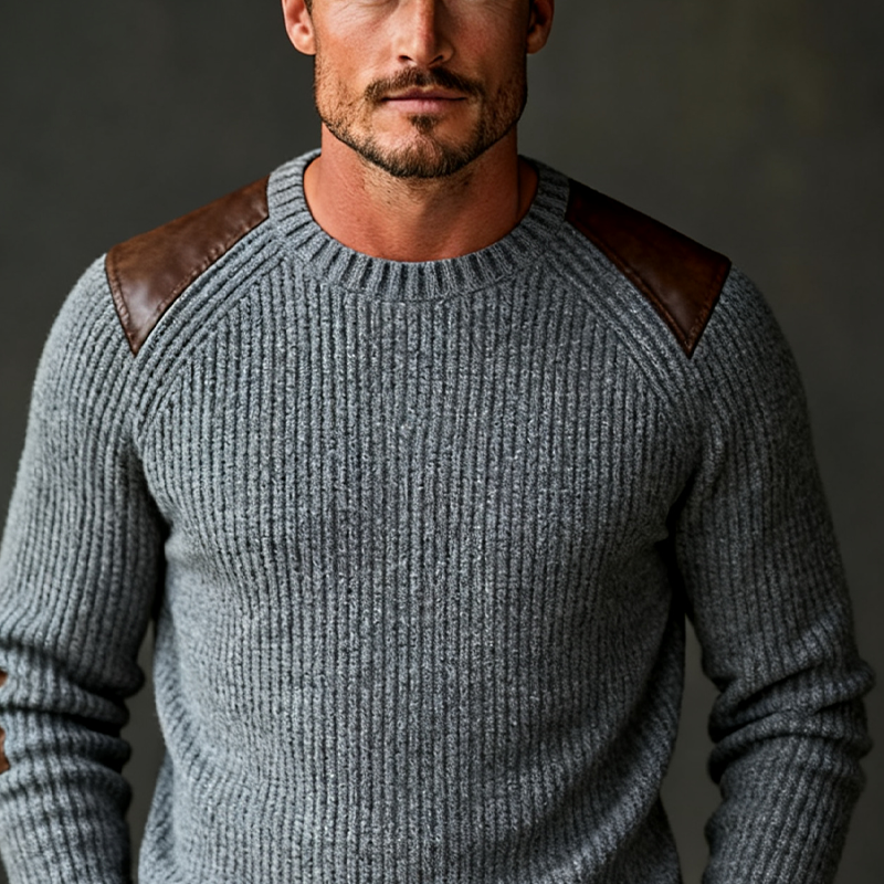 Men's Retro Knitted Crew Neck PU Pullover Sweater MTA2289J4X