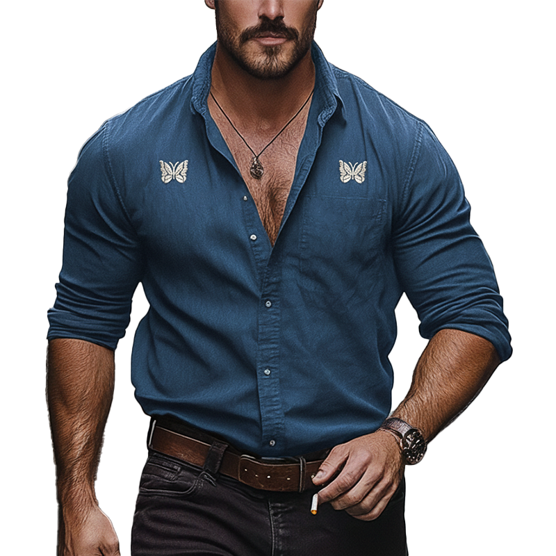 Men's Vintage Butterfly Embroidered Cotton And Linen Blend Long-sleeved Shirt MTA1671L0P