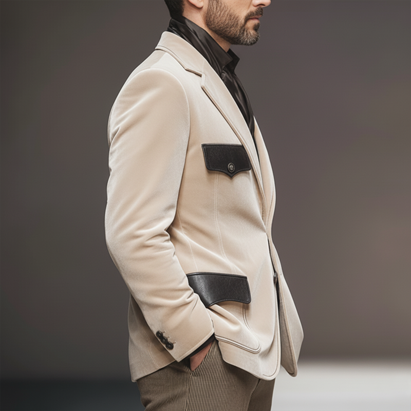 Men's Classic Business Velvet And PU Leather Patchwork Two-Button Blazer MTA1788L9U