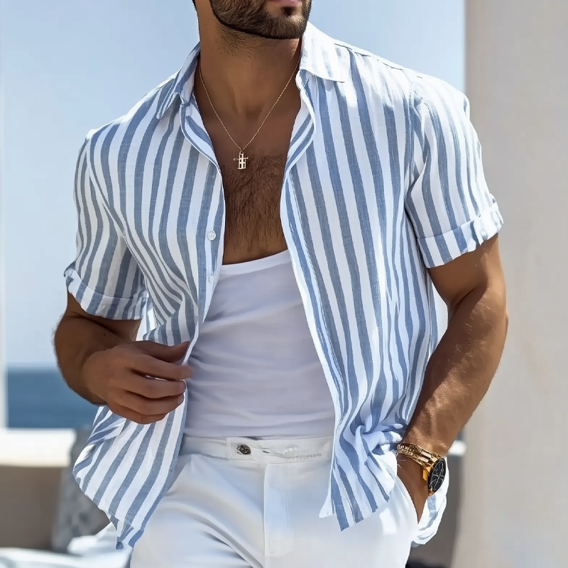 Men's Cotton And Linen Striped Short-sleeved Shirt MTA2106G1X