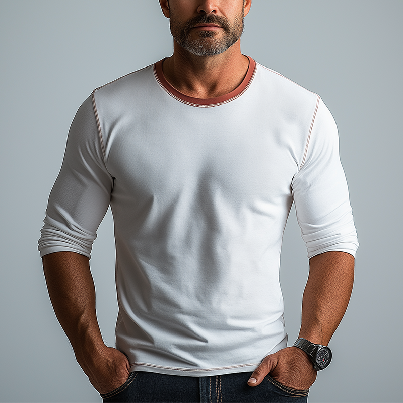 Men's Simple Contrast Color Cotton And Linen Long Sleeve T-shirt MTA3123G9P