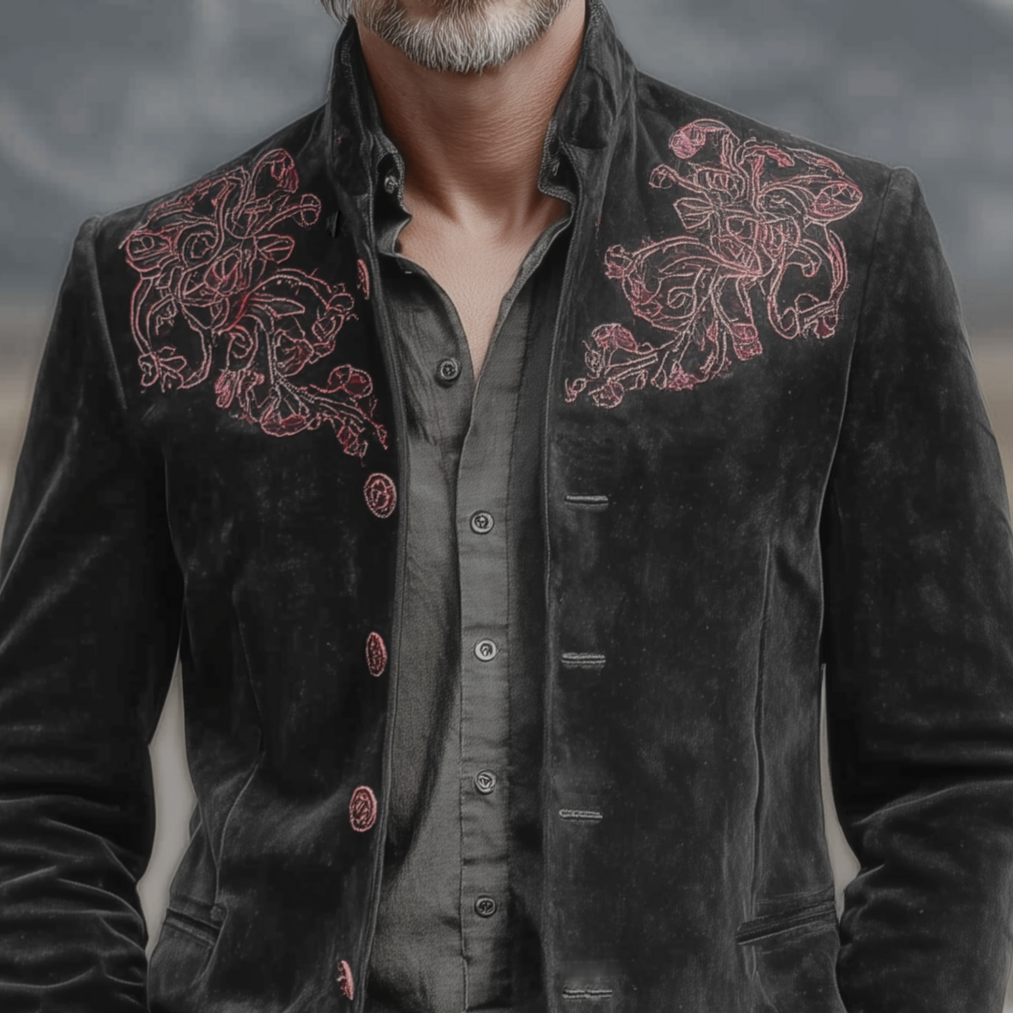 Men's Classic Retro Western Style Stand-up Collar Embroidered Faux Suede Jacket MTA2740K9K