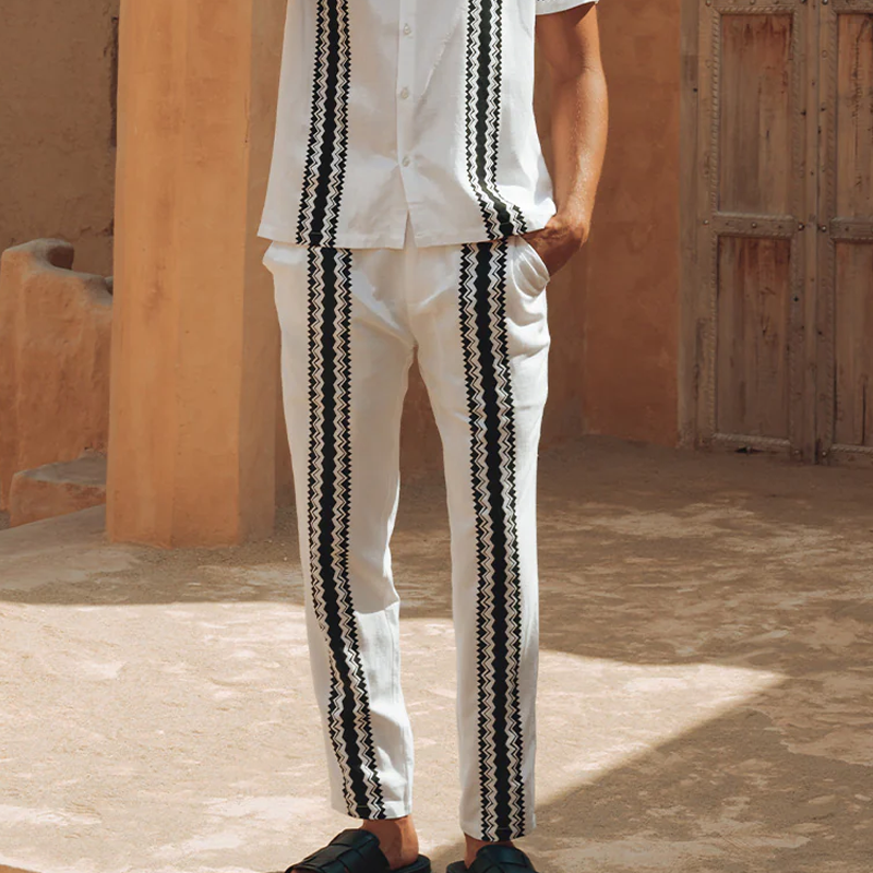 Men's Spring And Summer Fashion Casual Tencel Cotton Printed Short Sleeve Shirt Pants Set MTA0975G0K