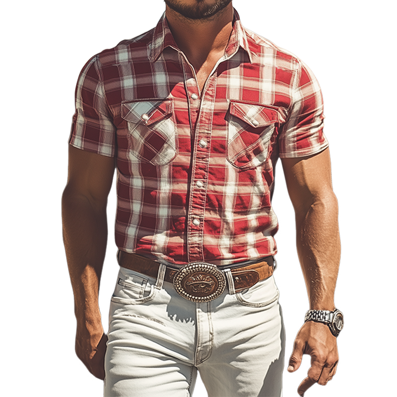 Men's Summer Fashion Casual Retro Western Cowboy Style Plaid Cotton and Linen Short Sleeve Shirt  MTA2828D4K