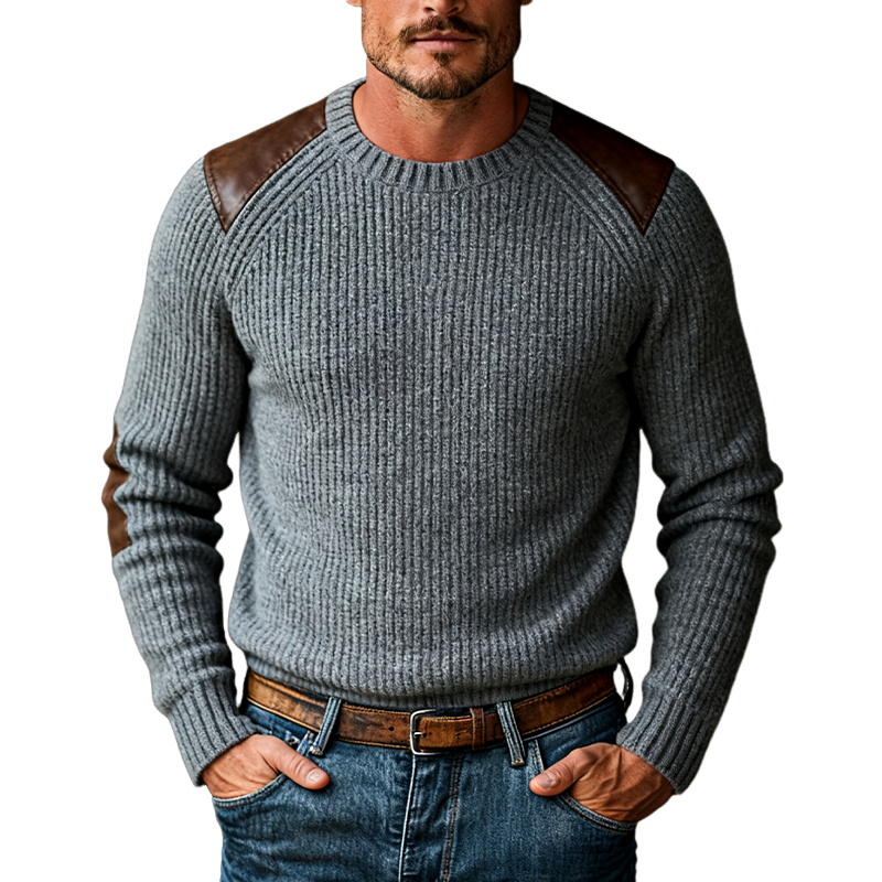 Men's Retro Knitted Crew Neck PU Pullover Sweater MTA2289J4X