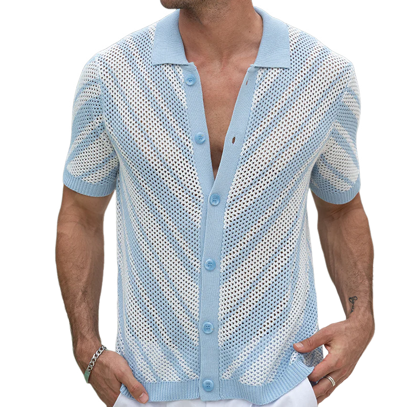 Men's Spring And Summer Fashion Retro Hollow Striped Knitted Short-sleeved Shirt MTA0473G8K