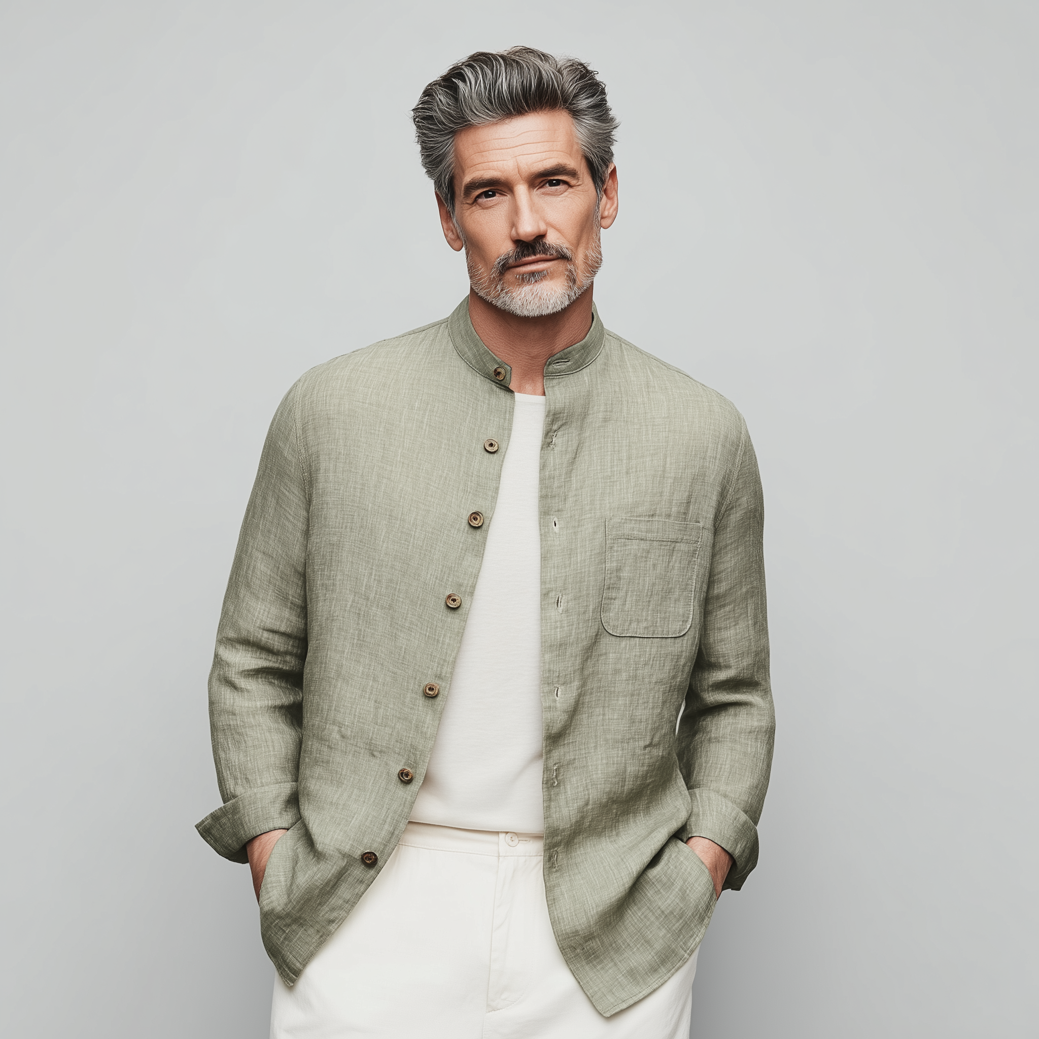 Men's Classic Casual Stand-up Collar Cotton And Linen Wooden Button Long-sleeved Shirt MTA2536G6K