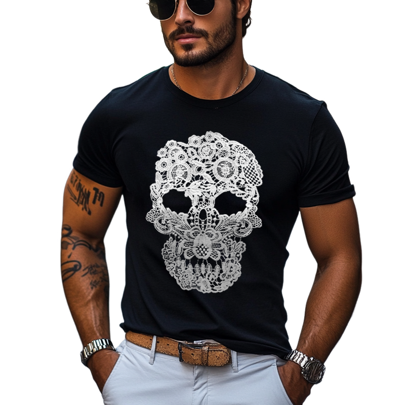 Men's Lace Skull Patch Round Neck Short Sleeve T-shirt MTA2877E1Z