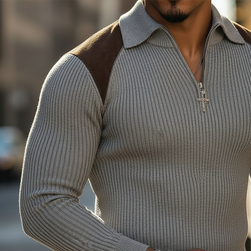 Men's Vintage-style Faux Suede And Cotton Knit Slim-fit Half-zip Sweater MTA2941L9P