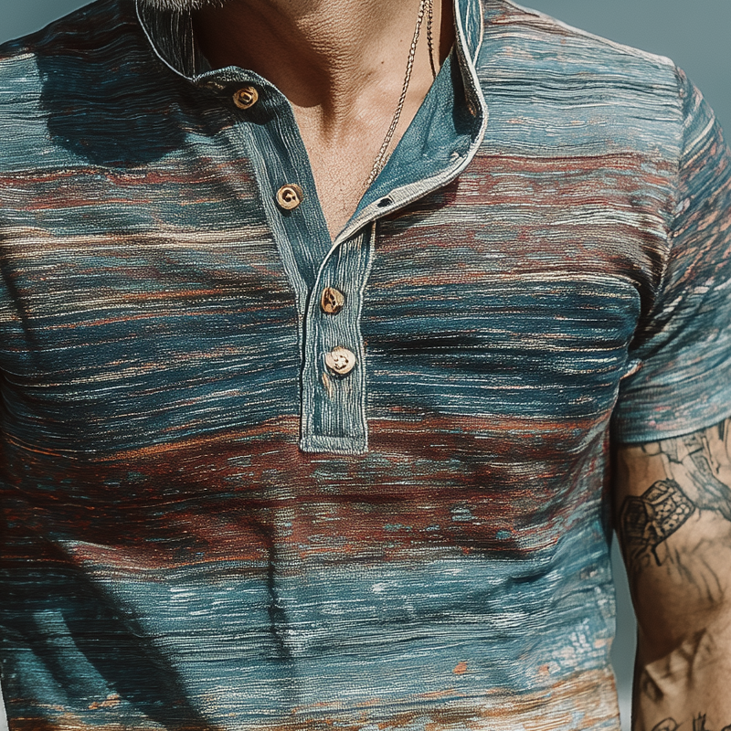 Men's Stripe Print Lapel Short Sleeve T-Shirt MTA2714F0X