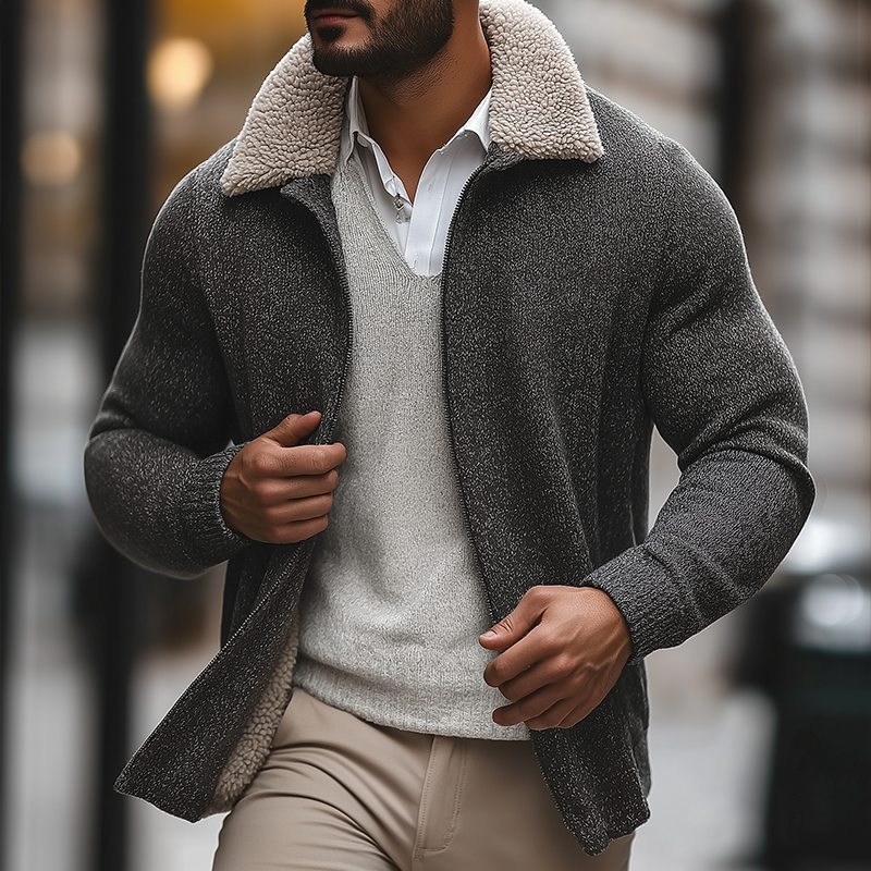 Men's Retro Casual Plush Warm Knitted Fur Collar Zipper Cardigan Jacket MTA2244I4TO