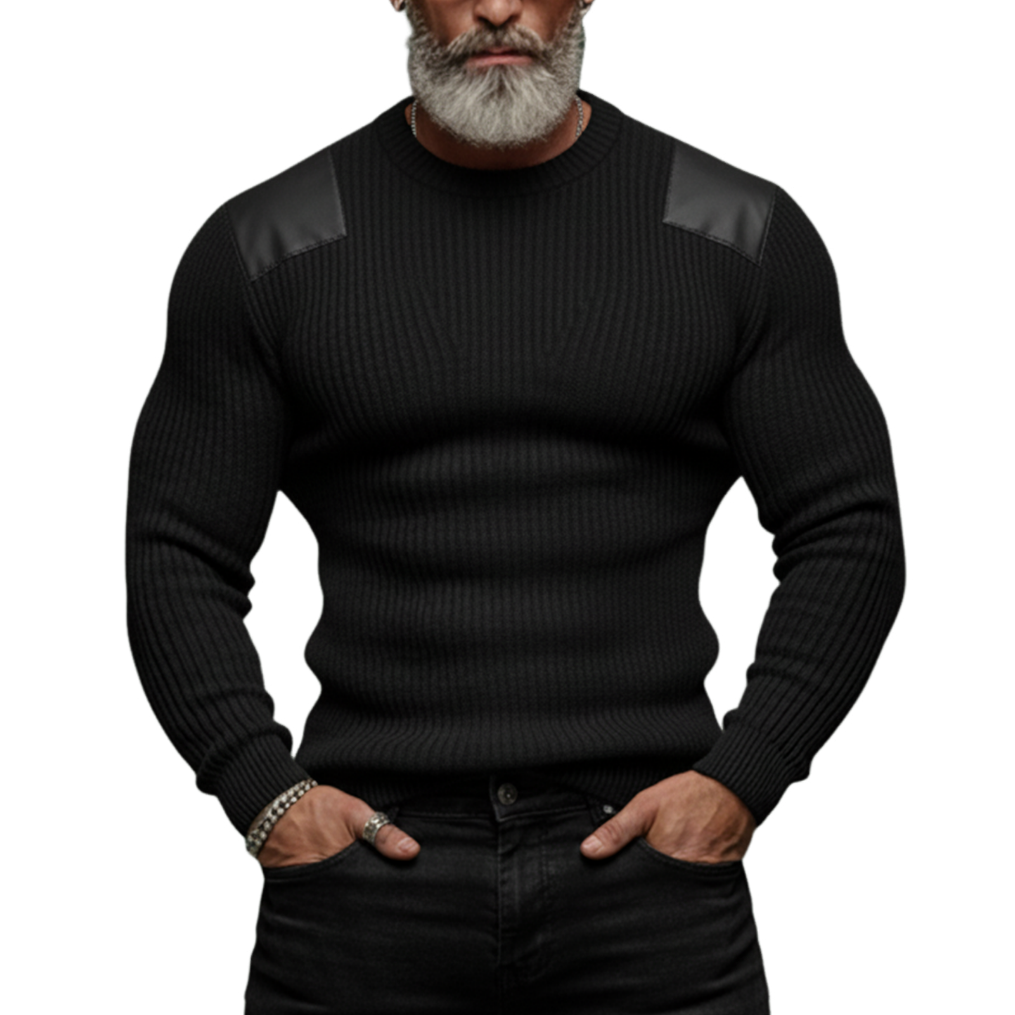 Men's Classic Casual  PU Leather Shoulder Slim Fit Crew Neck Sweater MTA2496K7K