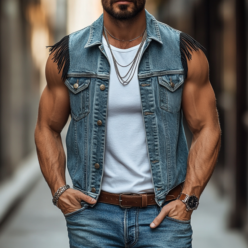 Men's Vintage Washed Distressed Lapel Single-breasted Shoulder Patchwork Tassel Denim Vest MTA2147E1M