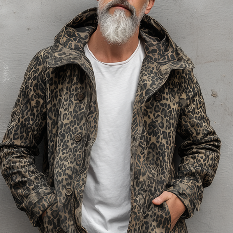 Men's Leopard Hooded Mid-length Casual Coat MTA1358H2Z