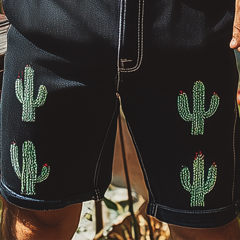 Men's Summer Fashion Italian Sicily Style Washed Denim Cactus Embroidery Casual Shorts MTA1084F5K