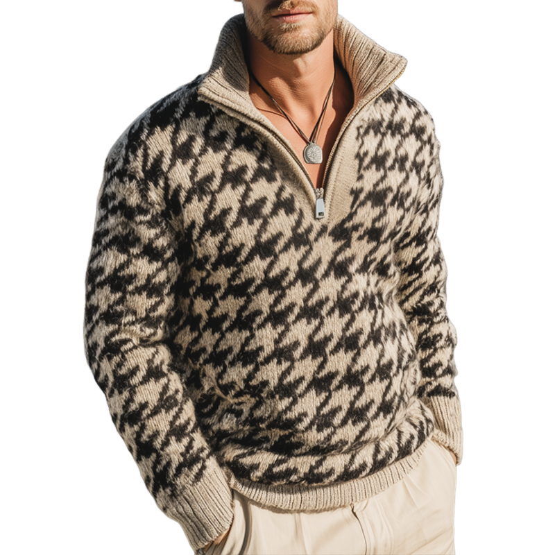 Men's Classic Houndstooth Stand Collar Quarter Zip Knit Sweater MTA1195J9U