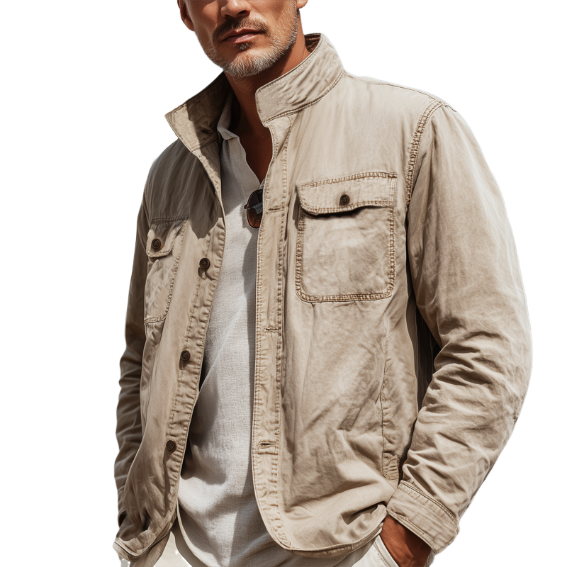 Men's Washed Cotton Stand Collar Button Jacket MTA1595I3U