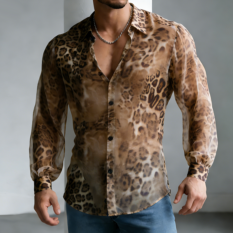 Men's Retro Casual Chiffon Leopard Print Lapel Long-Sleeve Shirt MTZ0540B1TO