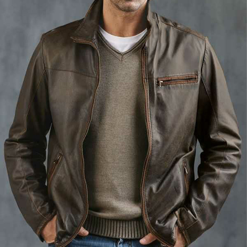 Chaqueta de cuero con cremallera vintage para hombre 09536541U