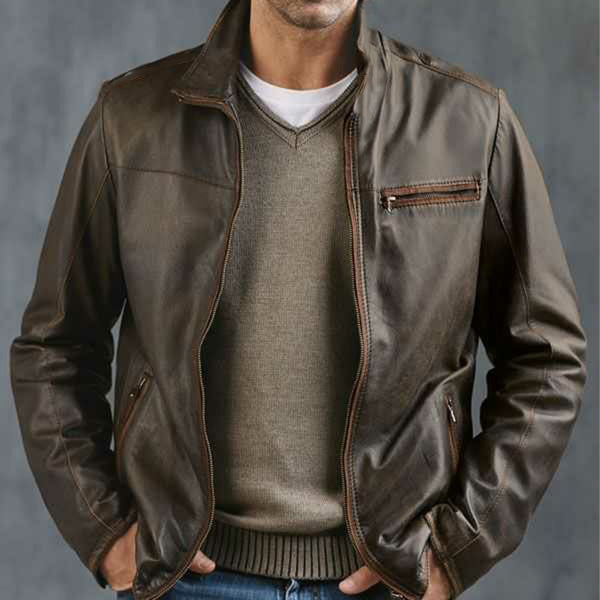 Men's Vintage Zipper Leather Jacket 09536541U