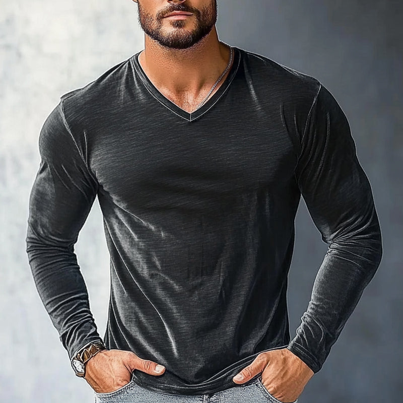 Men's Vintage Velvet V-Neck Long Sleeve T-Shirt 12790711X