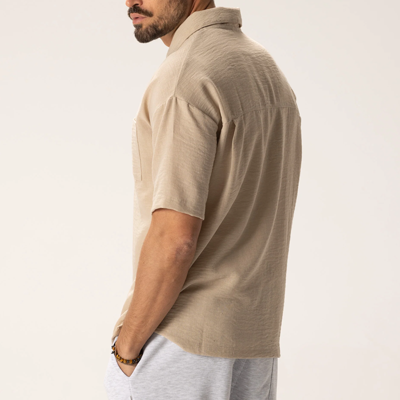 Men's Solid Color Pleated Cotton And Linen Lapel Pullover Short Sleeve Casual Shirt 96389762Z