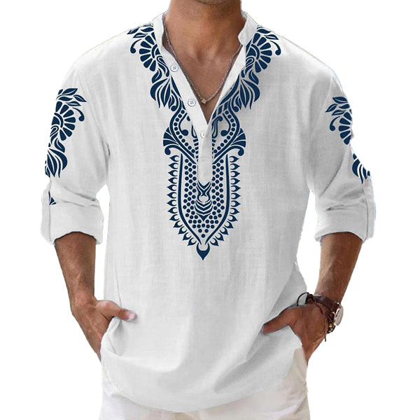 Men's Cashew Flower Print Stand Collar Long Sleeve Shirt 90541613X