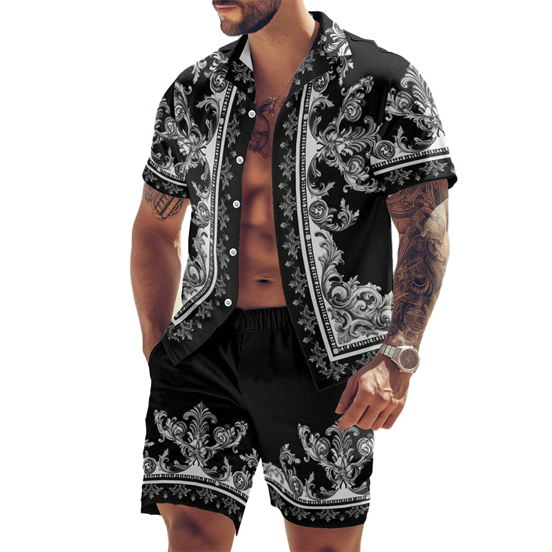 Men's Vacation Cashew Flower Print Short-sleeved Shorts Two-piece Set 77952749X