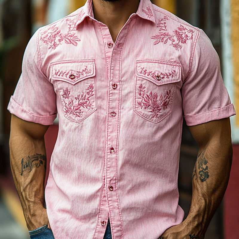 Men's Casual Pink Vintage Embroidered Blended Short-sleeved Shirt 49648498U