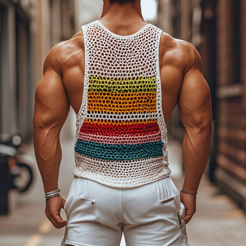 Men's Casual Round Neck Color Striped Crochet Tank Top MTA0774D7M