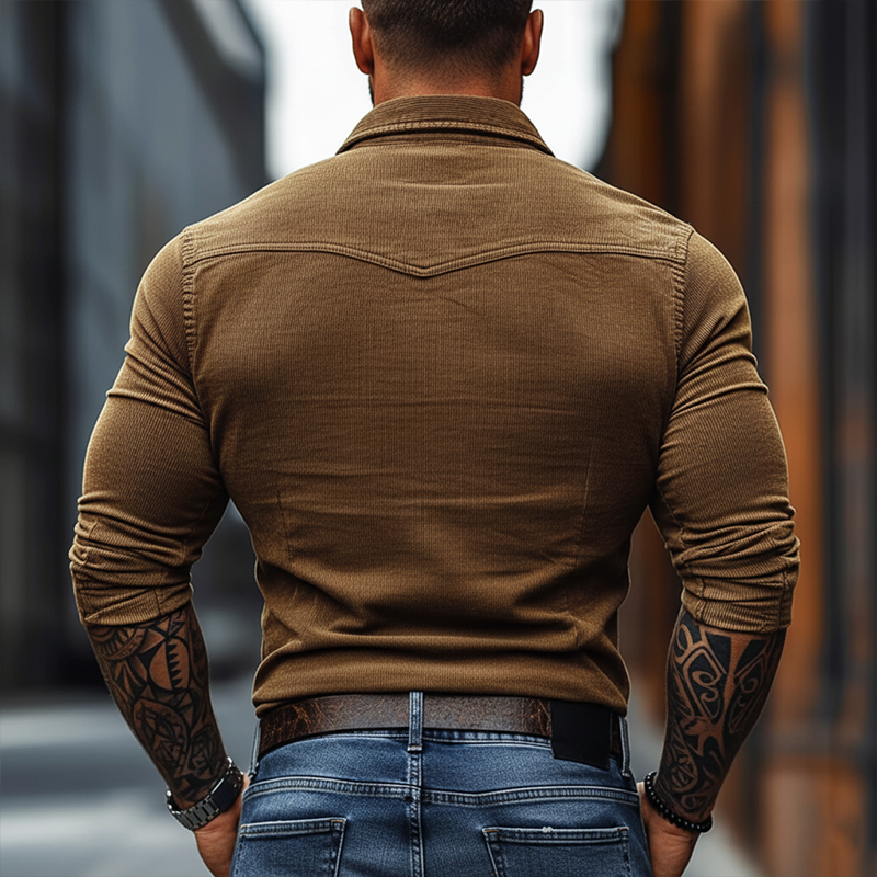 Men's Solid Color Casual Corduroy Retro Lapel Long Sleeve Shirt MTA1135J5X
