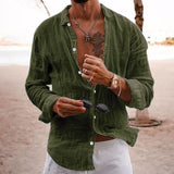Men's Casual Solid Color Lapel Cotton Linen Long-Sleeved Shirt 76098441M