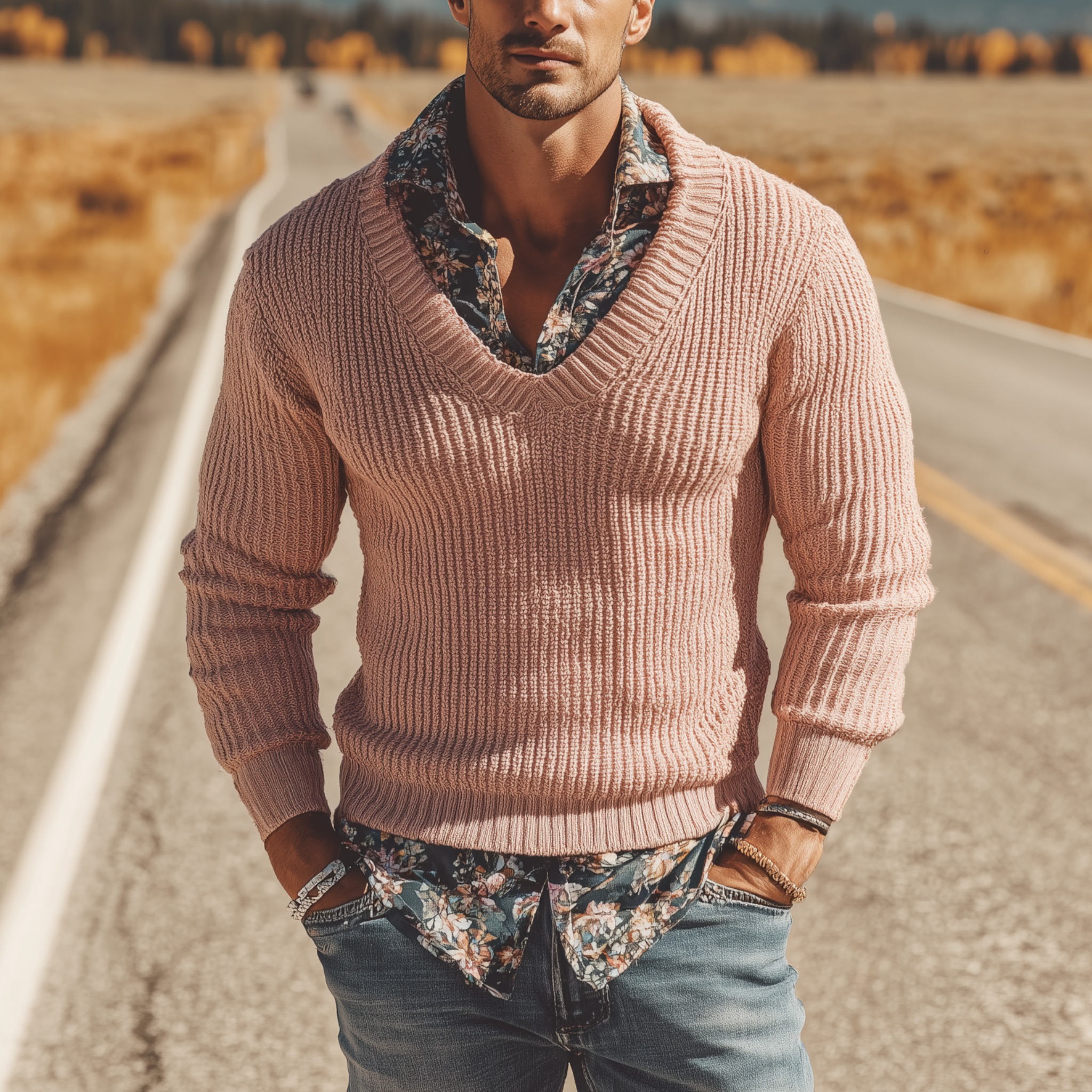 Men's Classic Casual V-neck Pink Slim-fit Sweater MTA0839I0K