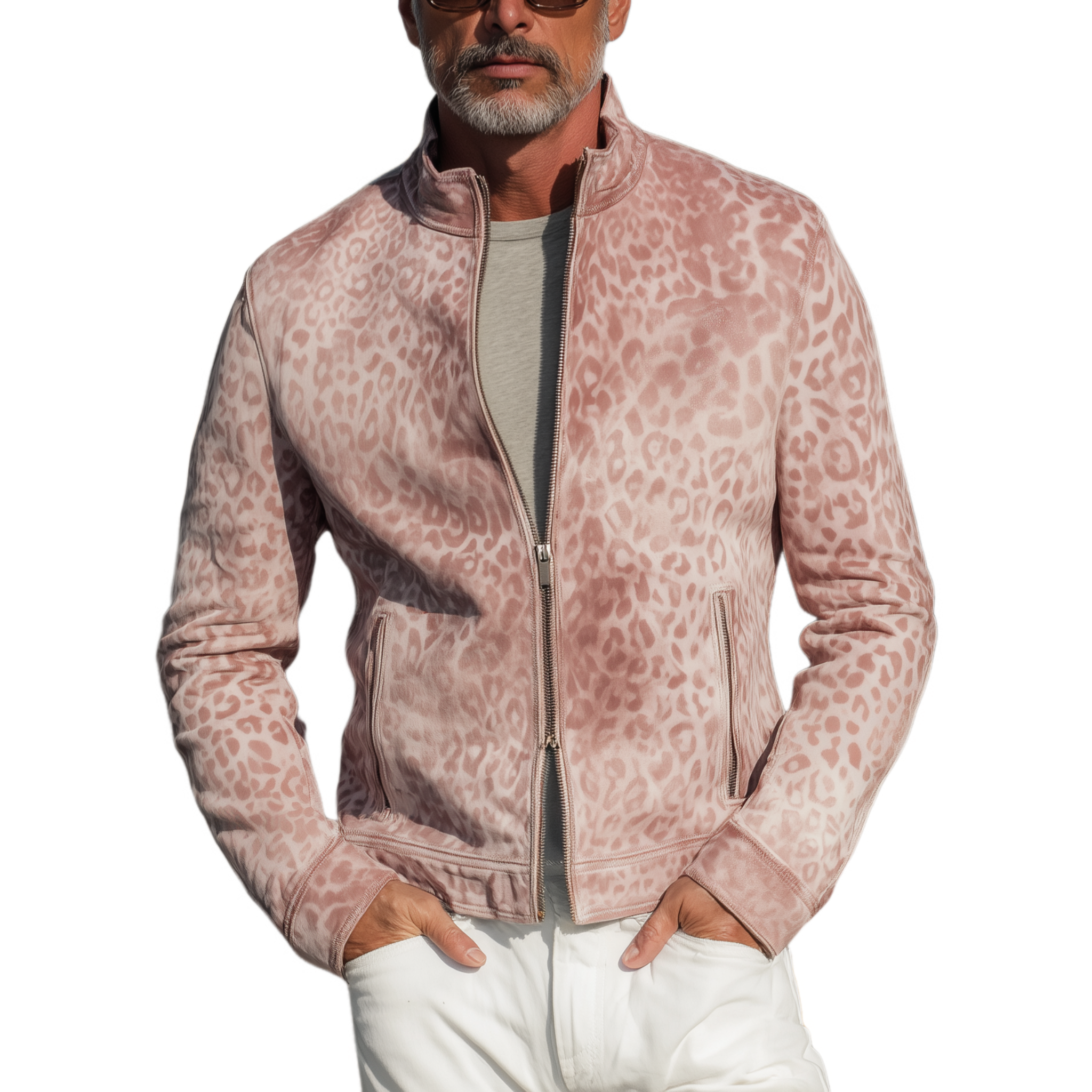 Men's Fashion Casual Pink Leopard Print Suede Stand Collar Zipper Jacket MTA1314H0K