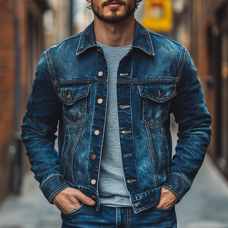 Men's Vintage Washed Lapel Western Style Denim Jacket MTA2353I2X