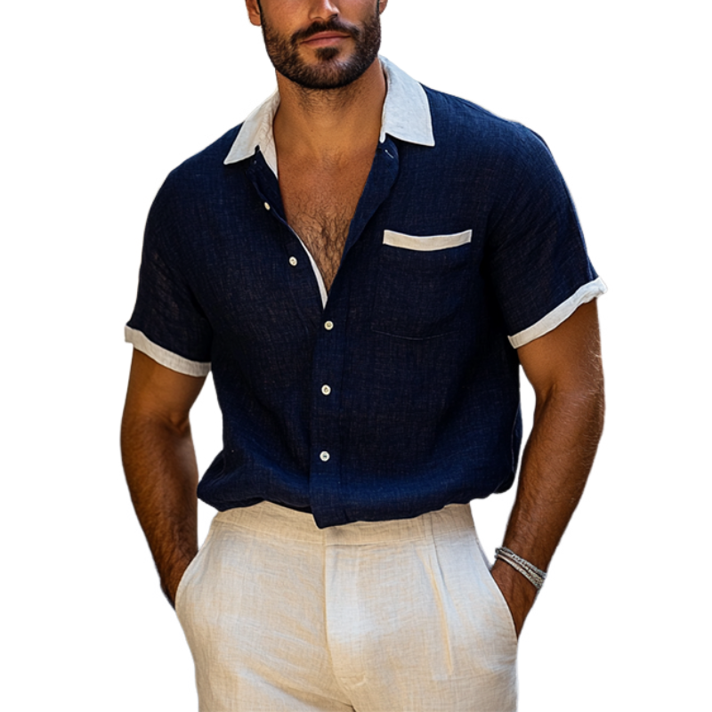 Men's Colorblock Lapel Single Breasted Chest Pocket Short Sleeve Shirt MTA0621F8Y