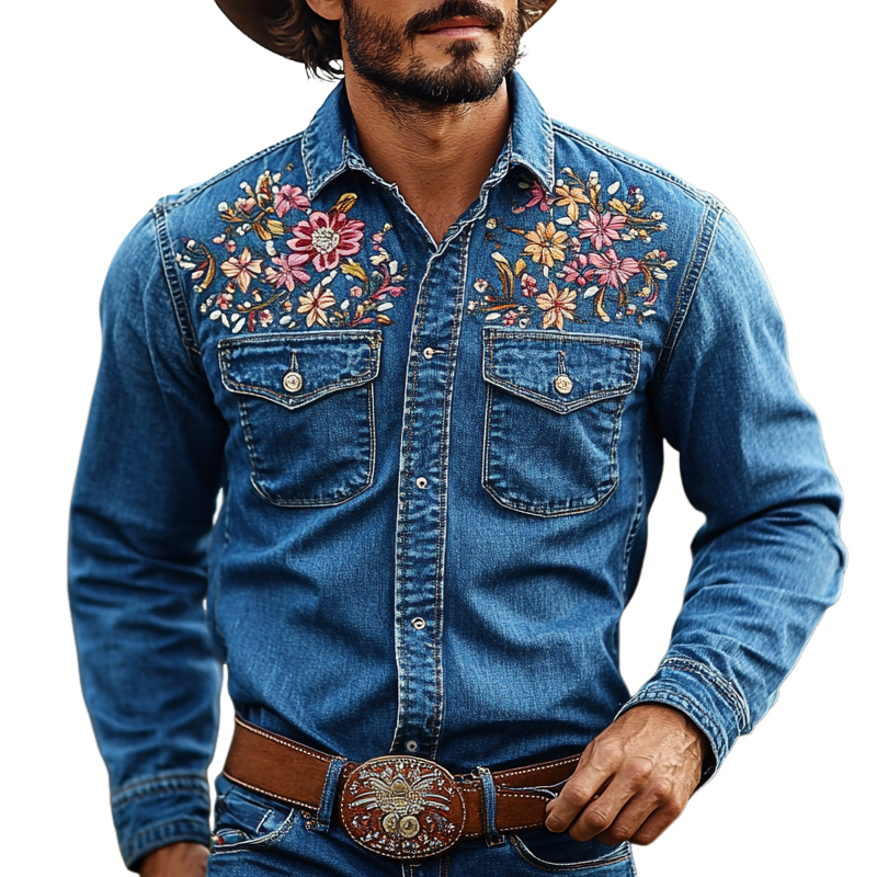 Men's Western Cowboy Style Embroidered Lapel Chest Pocket Long Sleeve Denim Shirt 93430400Z