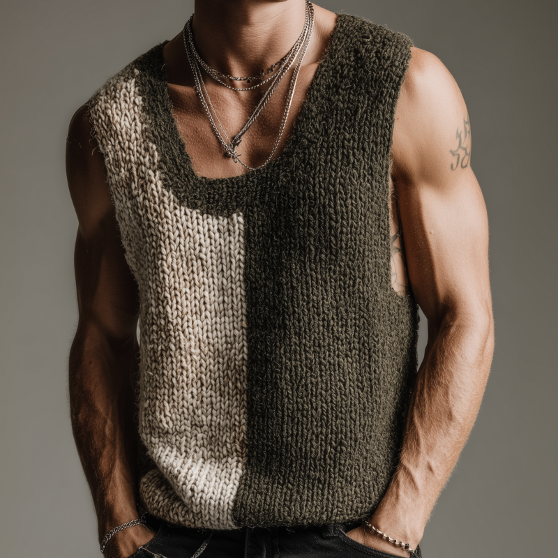 Men's Casual U-neck Contrast Color Slim Fit Breathable Knitted Tank Top MTA1896F2M