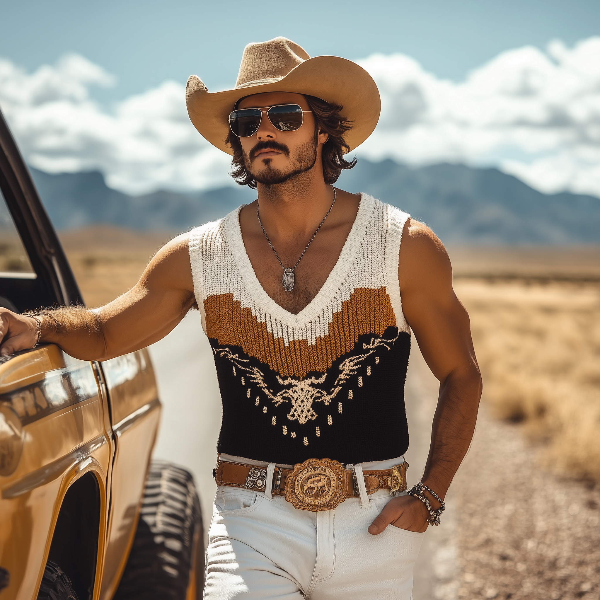 Men's Spring And Summer Fashion Casual Western Cowboy Style V-neck Slim Fit Knitted Contrast Jacquard Tank Top MTA1534E5K
