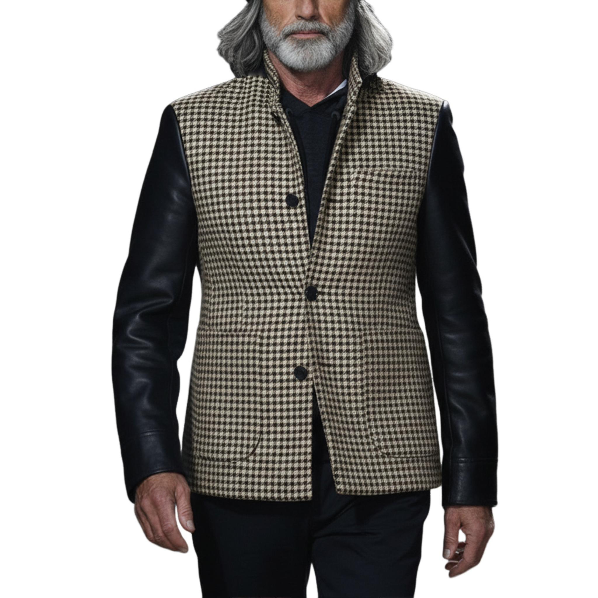 Men's Classic Retro Sleeves Stitching PU Leather Stand Collar Faux Houndstooth Woolen Jacket MTA2850I6K