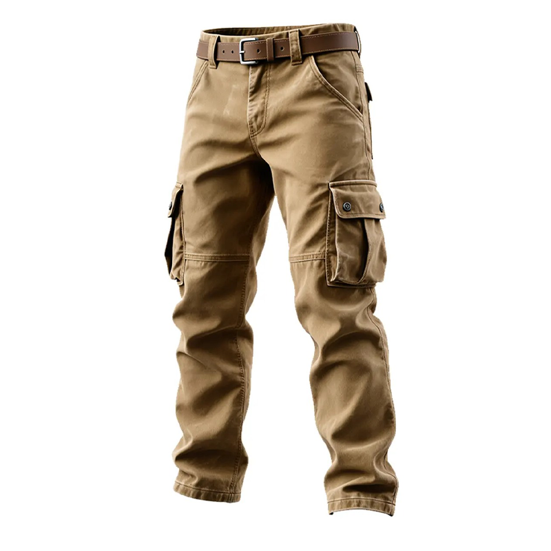 Men's Solid Cotton Multi-Pocket Work Trousers MTA0918J5X